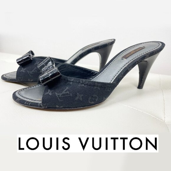 Louis Vuitton Monogram Denim Open Toe Mules | Black Patent Bow | Size 39 | EUC - Picture 1 of 15